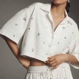 Maeve White Embellished Cropped Shirt